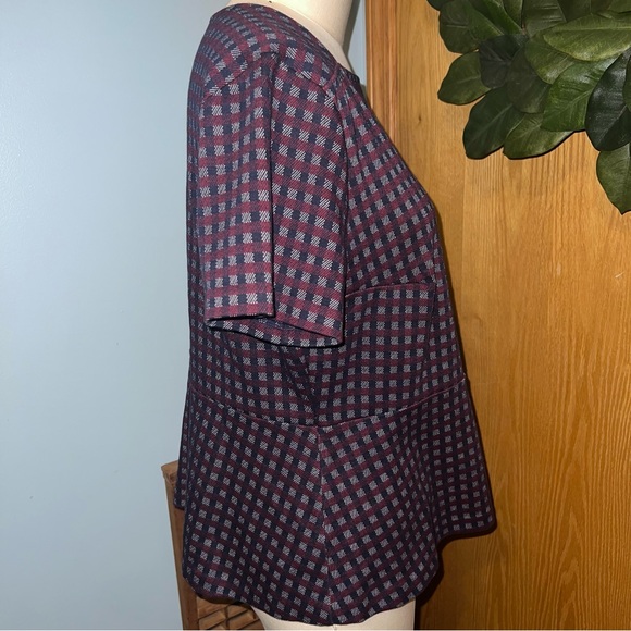 Ann Taylor XL Plaid Square Neck Peplum Top Short Sleeve Women's - Picture 5 of 8